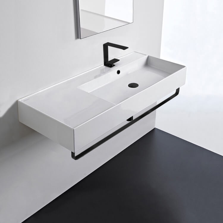 Rectangular Ceramic Wall Mounted Sink, Matte Black Towel Bar Included