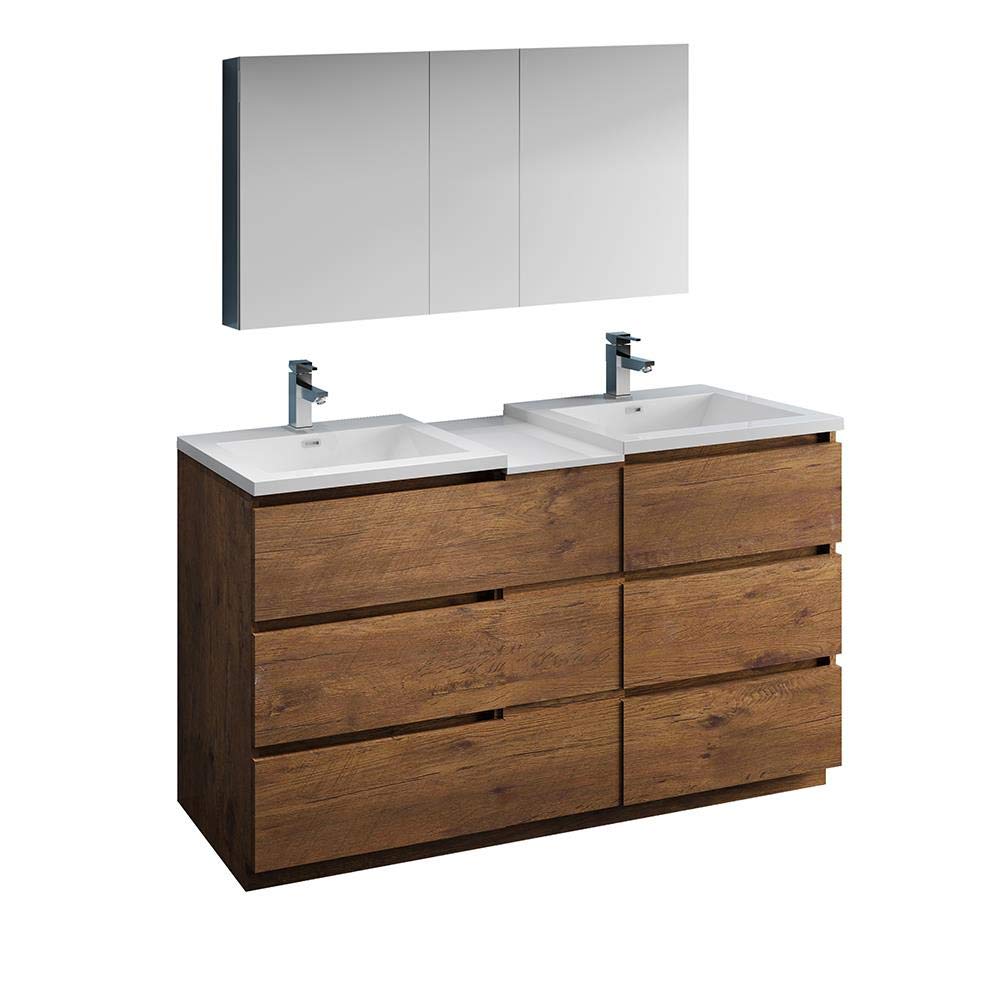 Fresca FVN93-241224RW-D Fresca Lazzaro 60" Rosewood Free Standing Double Sink Modern Bathroom Vanity w/ Medicine Cabinet