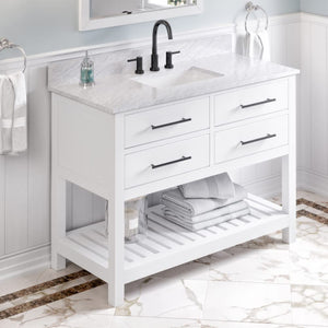 Jeffrey Alexander VKITWAV48WHWCR 48" White Wavecrest Vanity, White Carrara Marble Vanity Top, undermount rectangle bowl
