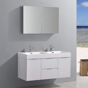 Fresca FVN8348WH-D Fresca Valencia 48" Glossy White Wall Hung Double Sink Modern Bathroom Vanity w/ Medicine Cabinet