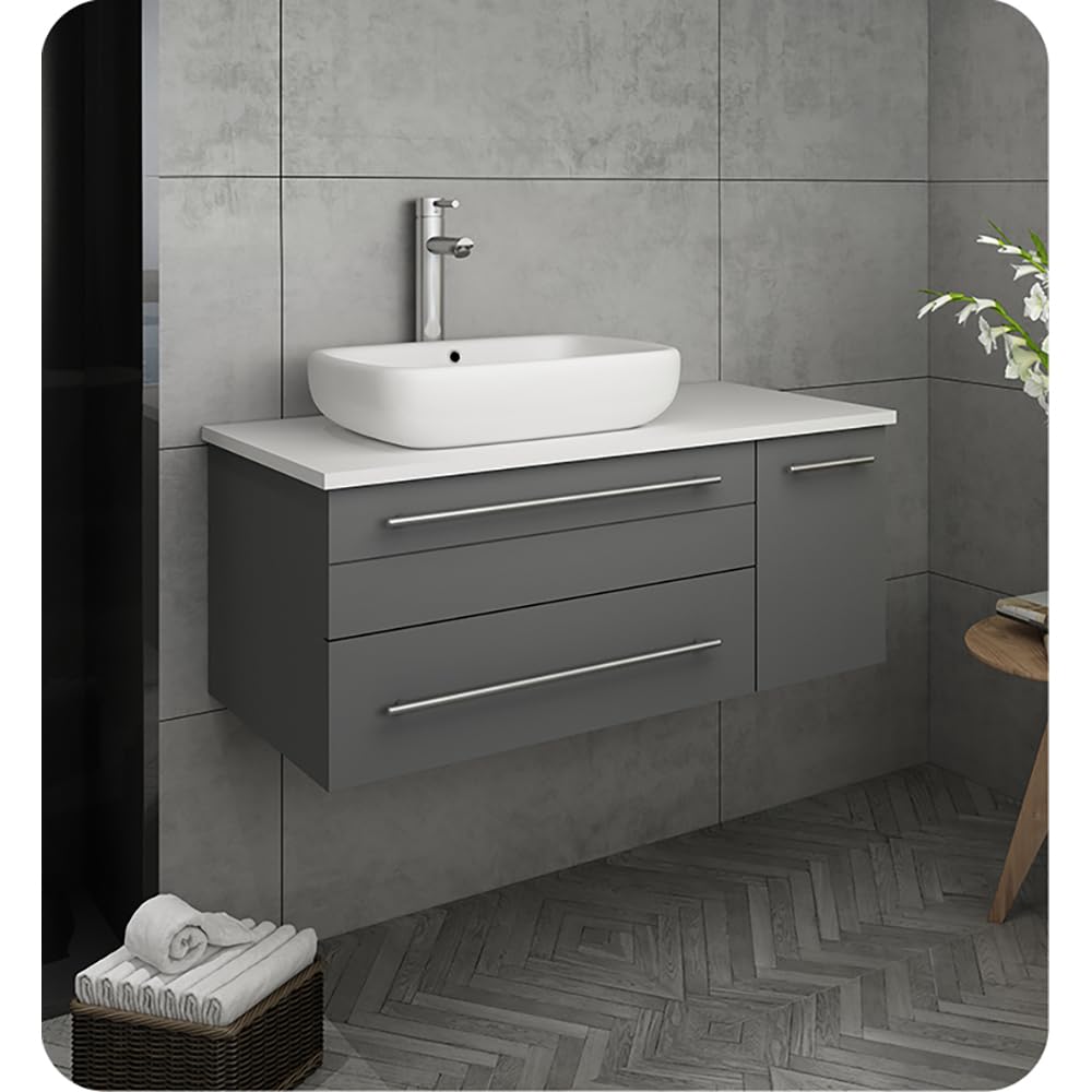 Fresca FCB6136GR-VSL-L-CWH-V Fresca Lucera 36" Gray Wall Hung Modern Bathroom Cabinet w/ Top & Vessel Sink - Left Version