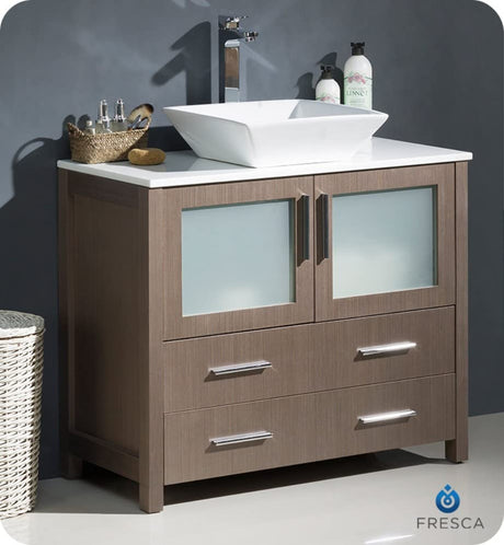 Fresca FCB6236GO-CWH-V Fresca Torino 36" Gray Oak Modern Bathroom Cabinet w/ Top & Vessel Sink