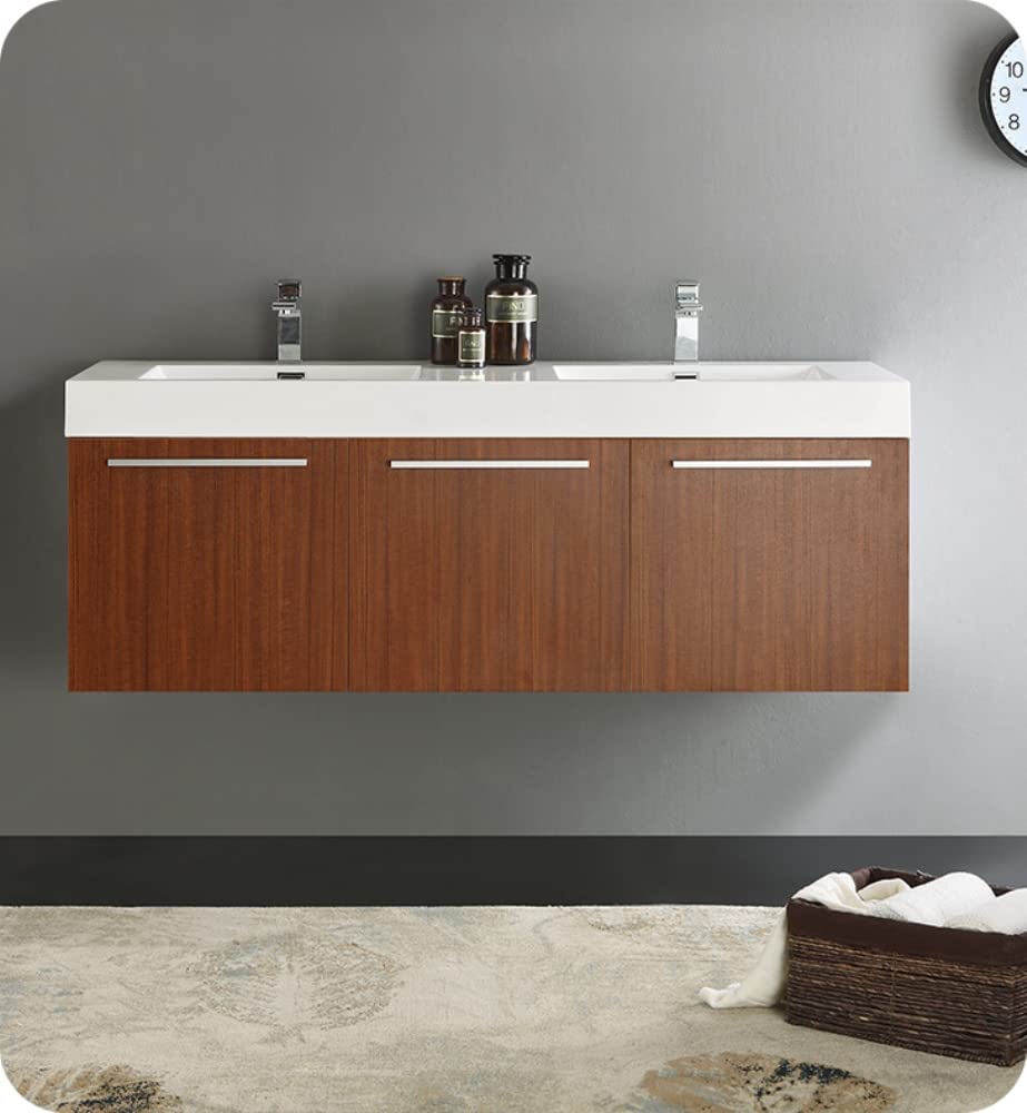 Fresca FCB8093TK-D Fresca Vista 60" Teak Wall Hung Double Sink Modern Bathroom Cabinet