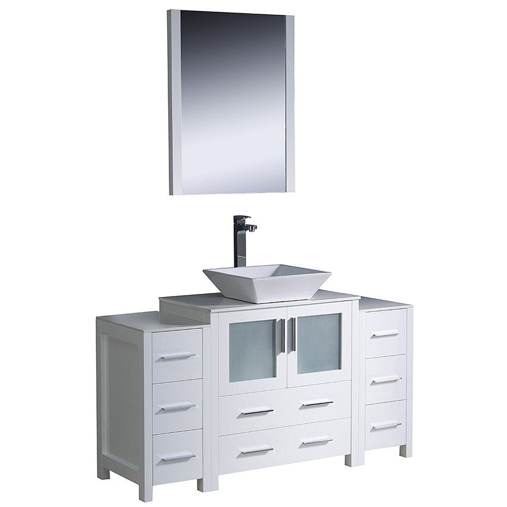 Fresca FVN62-123012WH-VSL Fresca Torino 54" White Modern Bathroom Vanity w/ 2 Side Cabinets & Vessel Sink