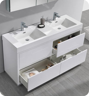 Fresca FVN8460WH-D Fresca Valencia 60" Glossy White Free Standing Double Sink Modern Bathroom Vanity w/ Medicine Cabinet