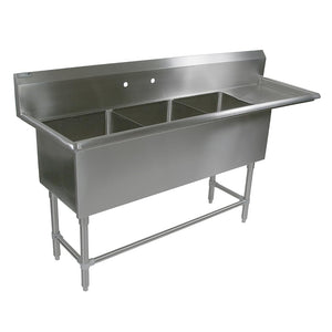 John Boos 3PB3024-1D36R 16GA Compartment Sinks, 3-Bowl, 1 Drainboard, 12