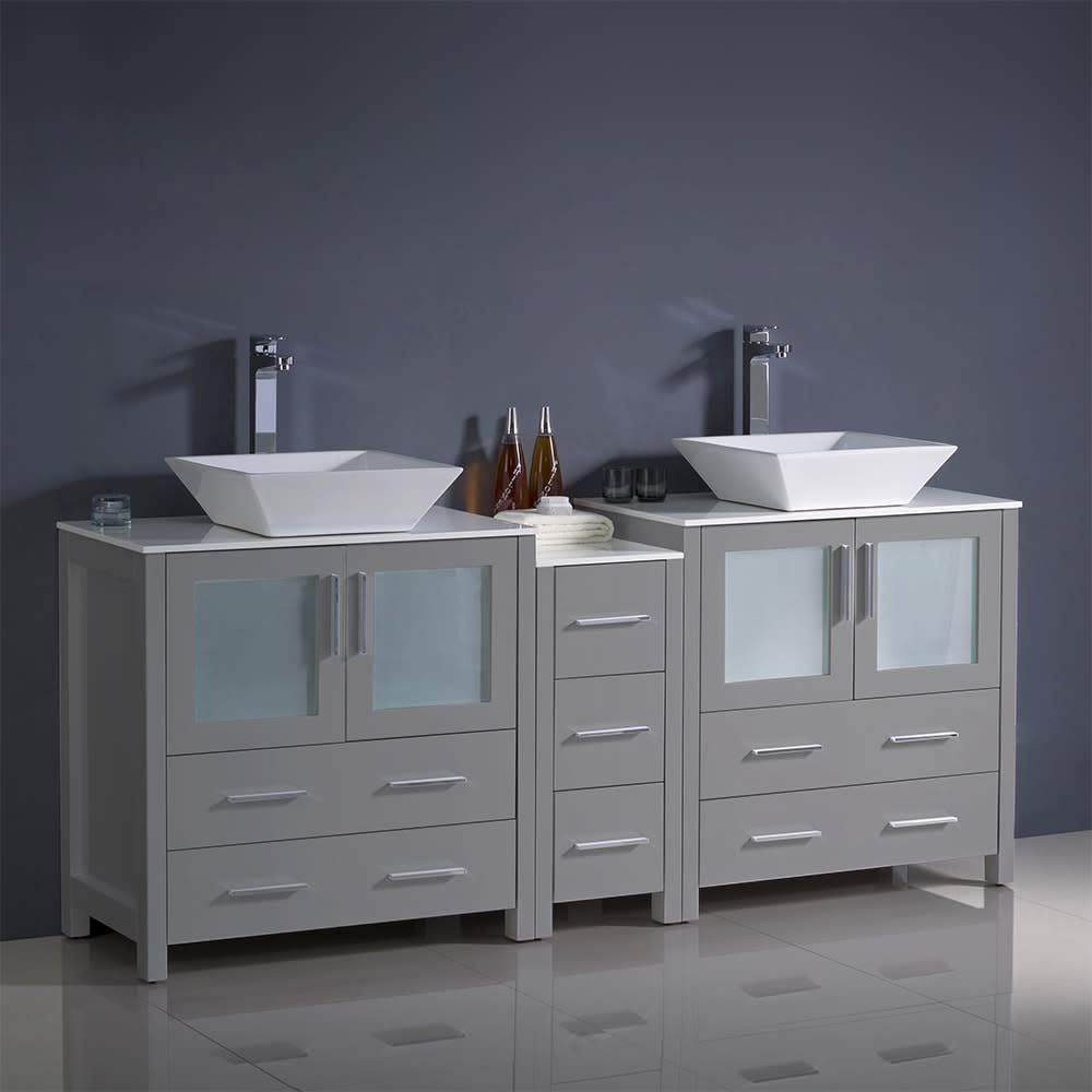 Fresca FCB62-301230GO-CWH-V Fresca Torino 72" Gray Oak Modern Double Sink Bathroom Cabinets w/ Tops & Vessel Sinks