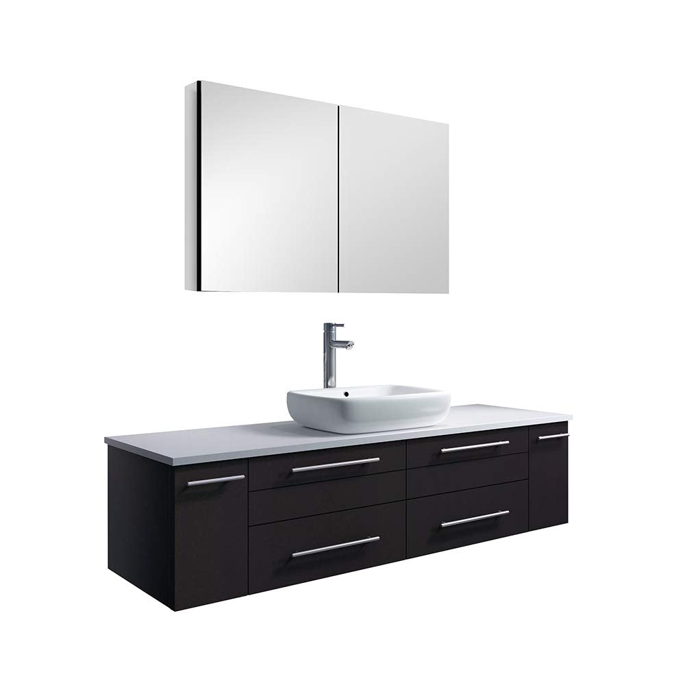 Fresca FVN6160ES-VSL Fresca Lucera 60" Espresso Wall Hung Single Vessel Sink Modern Bathroom Vanity w/ Medicine Cabinet