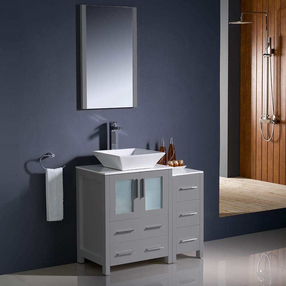 Fresca FVN62-2412GR-VSL Fresca Torino 36" Gray Modern Bathroom Vanity w/ Side Cabinet & Vessel Sink