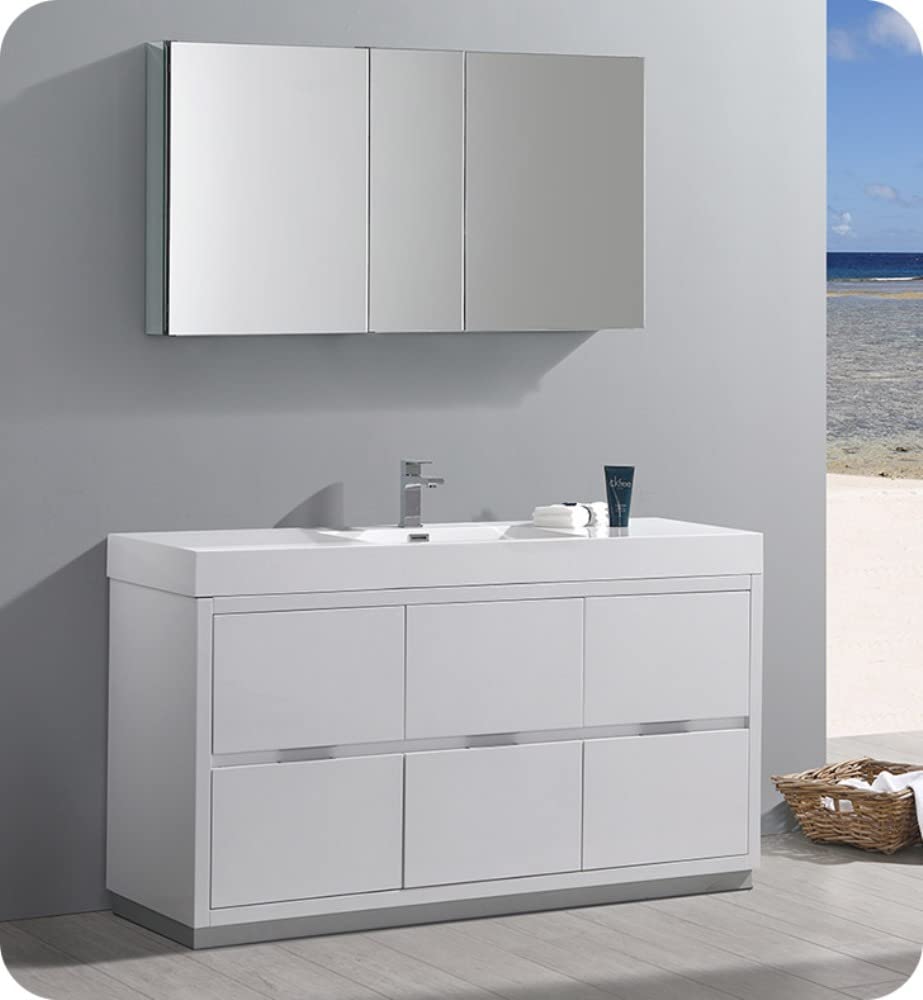 Fresca FVN8460WH Fresca Valencia 60" Glossy White Free Standing Modern Bathroom Vanity w/ Medicine Cabinet