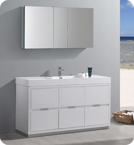 Fresca FVN8460WH Fresca Valencia 60" Glossy White Free Standing Modern Bathroom Vanity w/ Medicine Cabinet