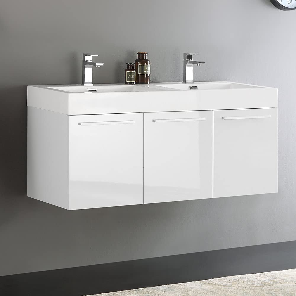 Fresca FCB8092WH-D-I Fresca Vista 48" White Wall Hung Double Sink Modern Bathroom Cabinet w/ Integrated Sink