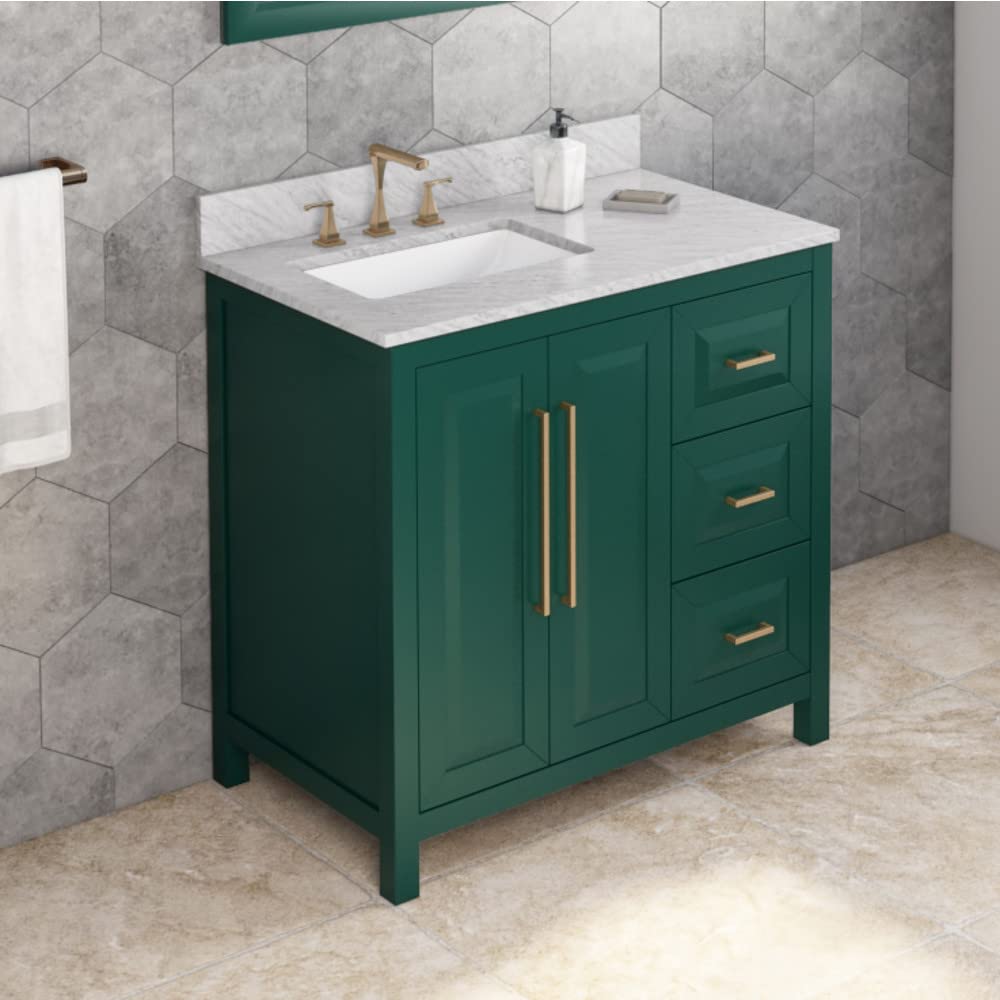 Jeffrey Alexander VKITCAD36GNWCR 36" Forest Green Cade Vanity, left offset, White Carrara Marble Vanity Top, undermount rectangle bowl