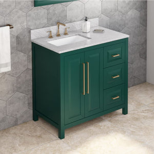 Jeffrey Alexander VKITCAD36GNWCR 36" Forest Green Cade Vanity, left offset, White Carrara Marble Vanity Top, undermount rectangle bowl