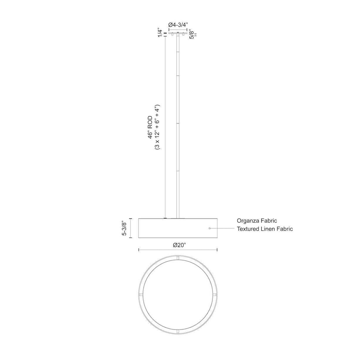 Kuzco PD7920-WOR DALTON PENDANT 20" WHITE ORGANZA SHADE 30W 3000K 90CRI CADJA BN ROD