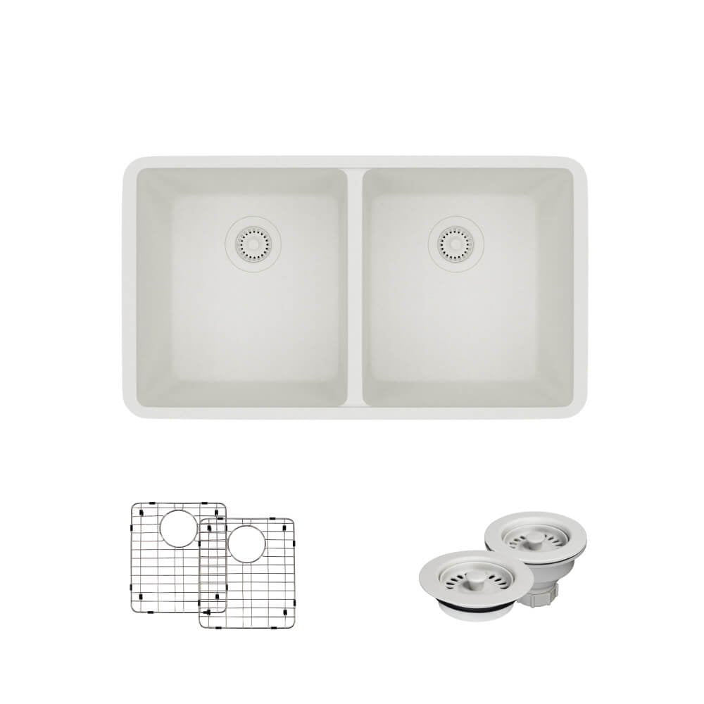 R3-1002-IVR-ST-CGF Ivory Equal Double Bowl Quartz Kitchen Sink with Two Grids and Matching Colored Strainer and Flange