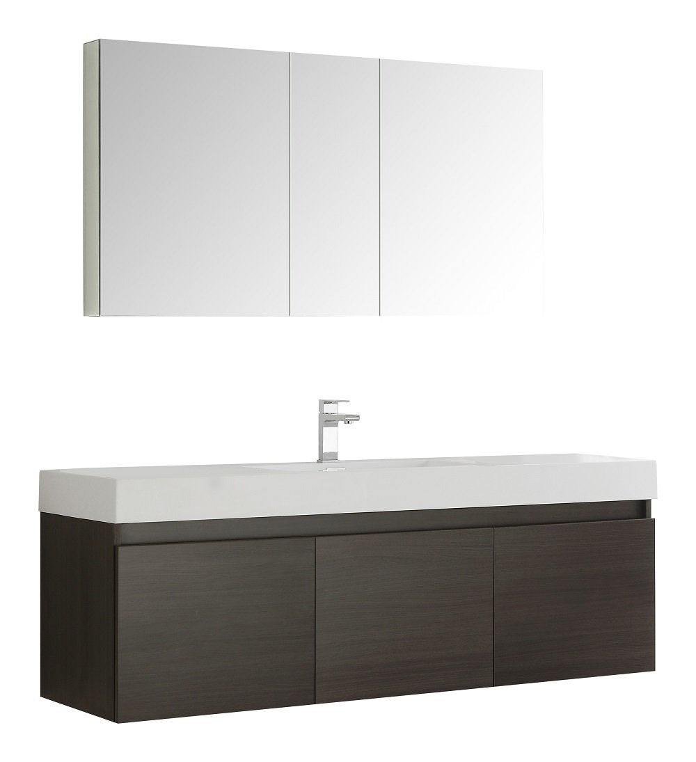 Fresca FVN8041GO Fresca Mezzo 60" Gray Oak Wall Hung Single Sink Modern Bathroom Vanity w/ Medicine Cabinet