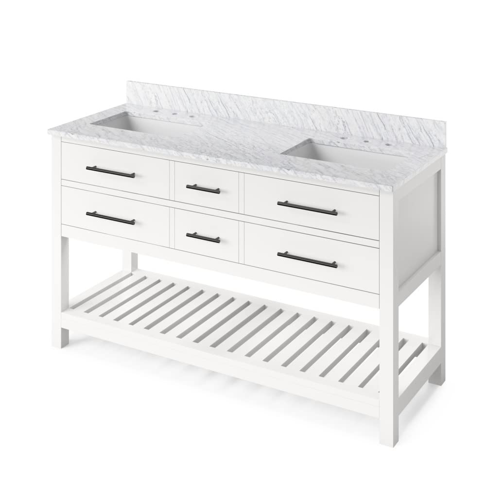 Jeffrey Alexander VKITWAV60WHWCR 60" White Wavecrest Vanity, double bowl, White Carrara Marble Vanity Top, two undermount rectangle bowls