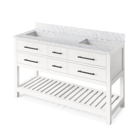 Jeffrey Alexander VKITWAV60WHWCR 60" White Wavecrest Vanity, double bowl, White Carrara Marble Vanity Top, two undermount rectangle bowls
