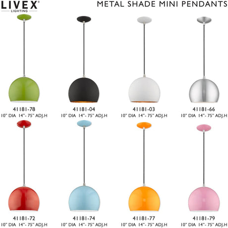Livex Lighting 41181-79 Metal Shade - 10" One Light Mini Pendant, Shiny Pink Finish with Shiny Pink Metal/Shiny White Shade