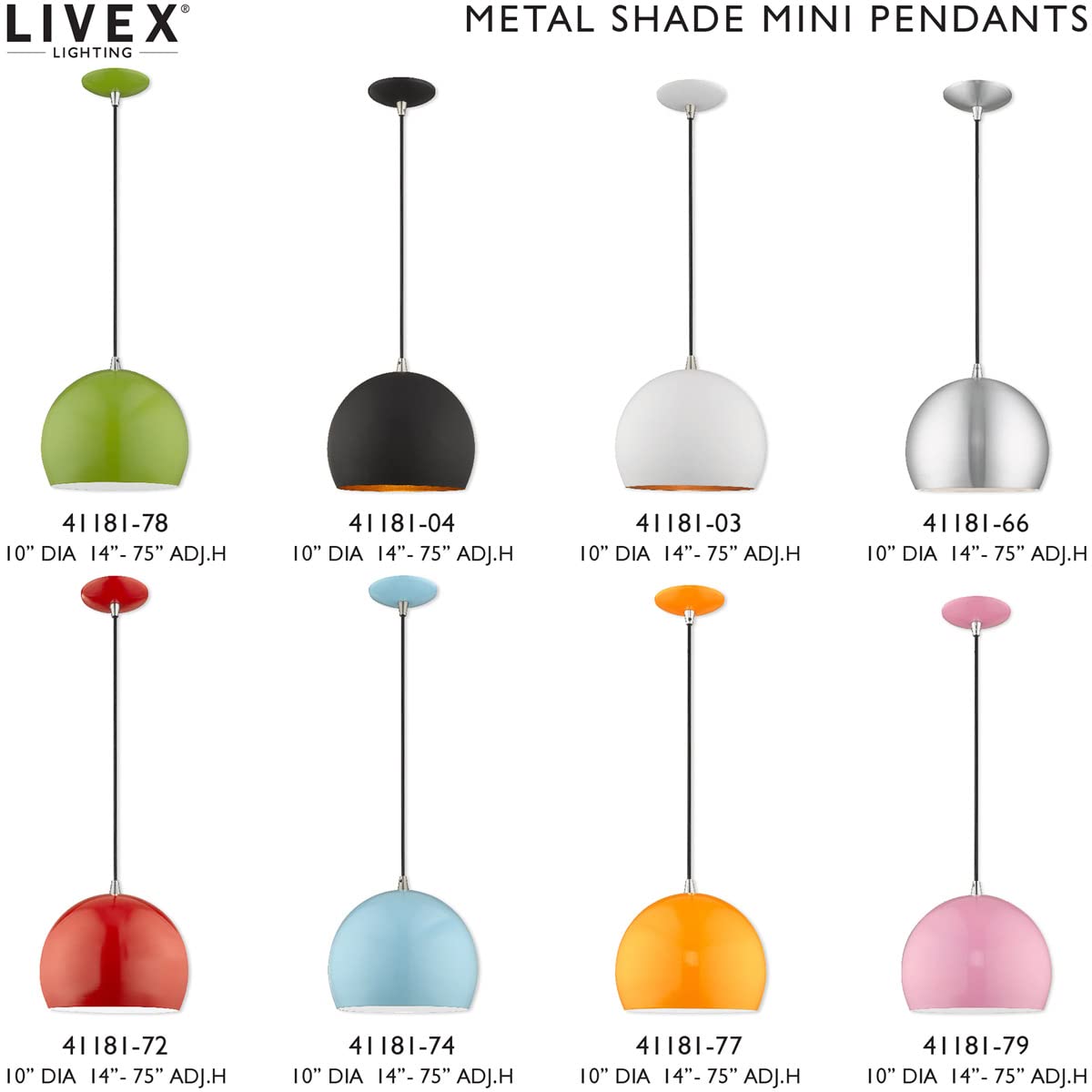 Livex Lighting 41181-77 Metal Shade - 10" One Light Mini Pendant, Shiny Orange Finish with Shiny Orange Metal/Shiny White Shade