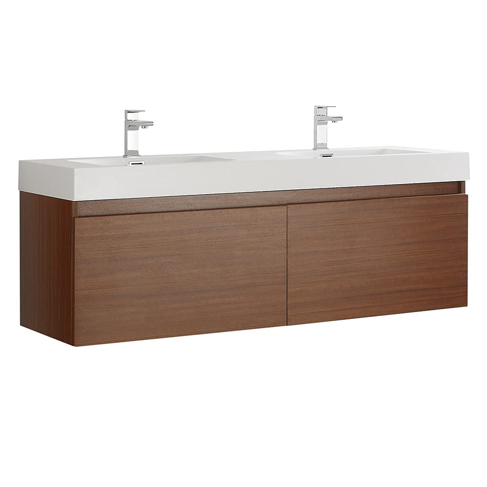 Fresca FCB8042TK-I Fresca Mezzo 60" Teak Wall Hung Double Sink Modern Bathroom Cabinet w/ Integrated Sink