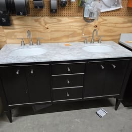 60" Black Double Bowl Vanity with Marble Top and Brushed Nickel Faucets
