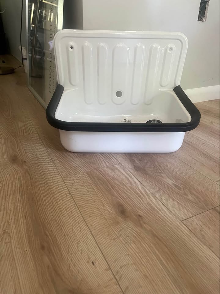Alape Bucket Sink Wall Mounted Small Service Sink Glazed Steel Utility Sink, With Overflow, Dark Black Trim (Open Box)