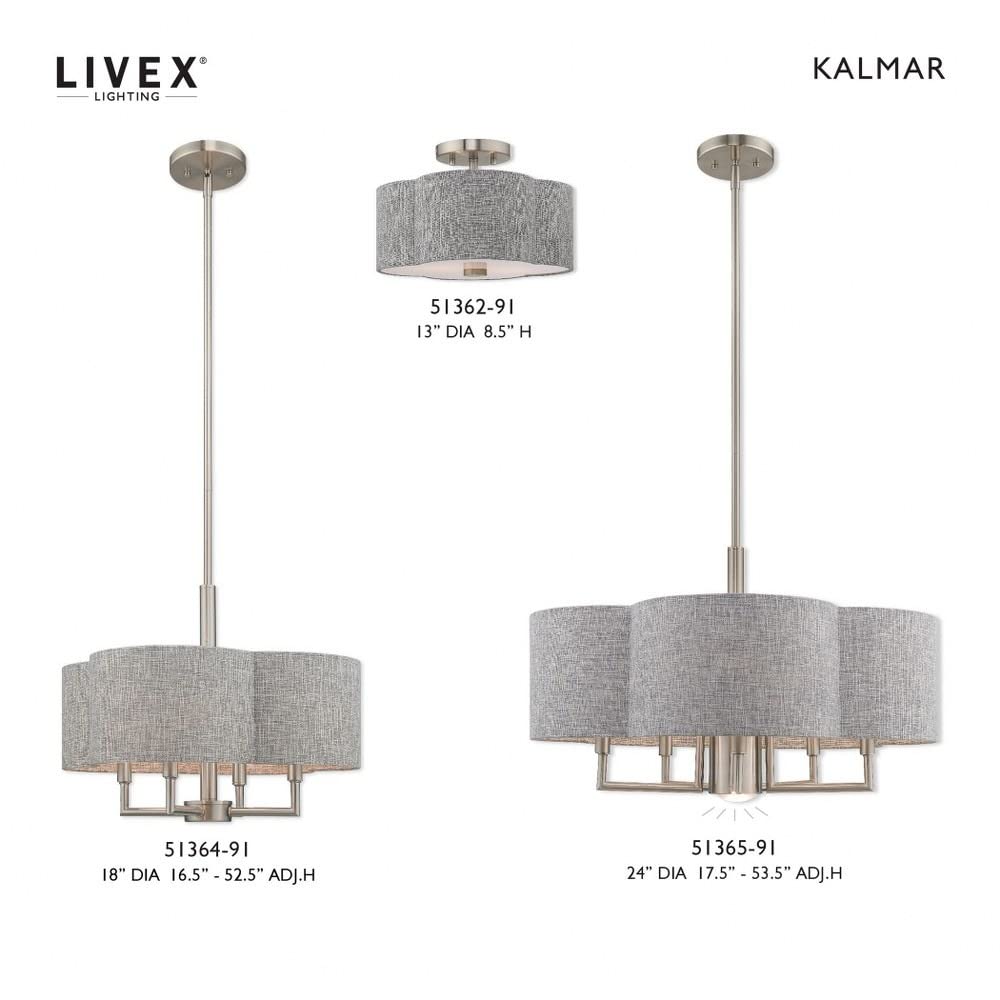 Livex Lighting 51365-91 Kalmar - Six Light Chandelier, Brushed Nickel Finish with Gray Fabric Shade