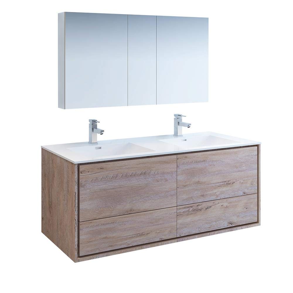Fresca FVN9260RNW-D Fresca Catania 60" Rustic Natural Wood Wall Hung Double Sink Modern Bathroom Vanity w/ Medicine Cabinet
