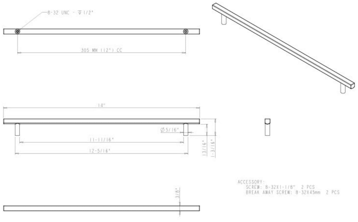 Jeffrey Alexander 845-305PC 305 mm Center-to-Center Polished Chrome Square Dominique Cabinet Bar Pull