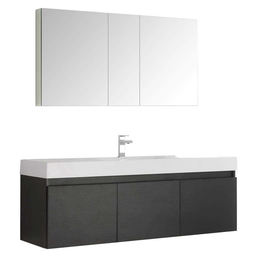 Fresca FVN8041BW Fresca Mezzo 60" Black Wall Hung Single Sink Modern Bathroom Vanity w/ Medicine Cabinet