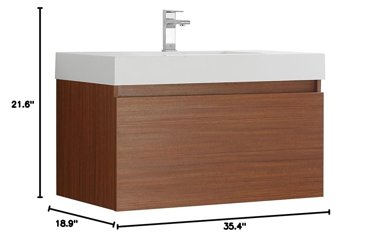 Fresca FCB8008TK-I Fresca Mezzo 36" Teak Wall Hung Modern Bathroom Cabinet w/ Integrated Sink