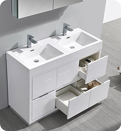 Fresca FVN8448WH-D Fresca Valencia 48" Glossy White Free Standing Double Sink Modern Bathroom Vanity w/ Medicine Cabinet