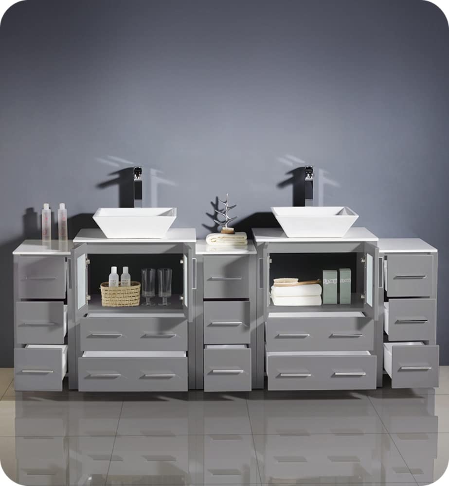 Fresca FCB62-72GR-CWH-V Fresca Torino 84" Gray Modern Double Sink Bathroom Cabinets w/ Tops & Vessel Sinks