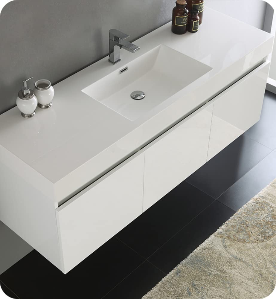 Fresca FCB8041WH Fresca Mezzo 60" White Wall Hung Single Sink Modern Bathroom Cabinet