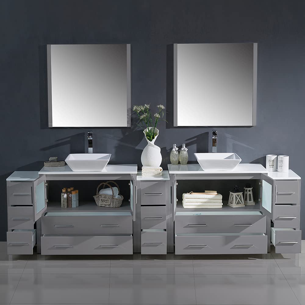 Fresca FVN62-108GR-VSL Fresca Torino 108" Gray Modern Double Sink Bathroom Vanity w/ 3 Side Cabinets & Vessel Sinks