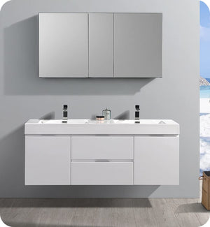 Fresca FCB8360WH-D Fresca Valencia 60" Glossy White Wall Hung Double Sink Modern Bathroom Cabinet