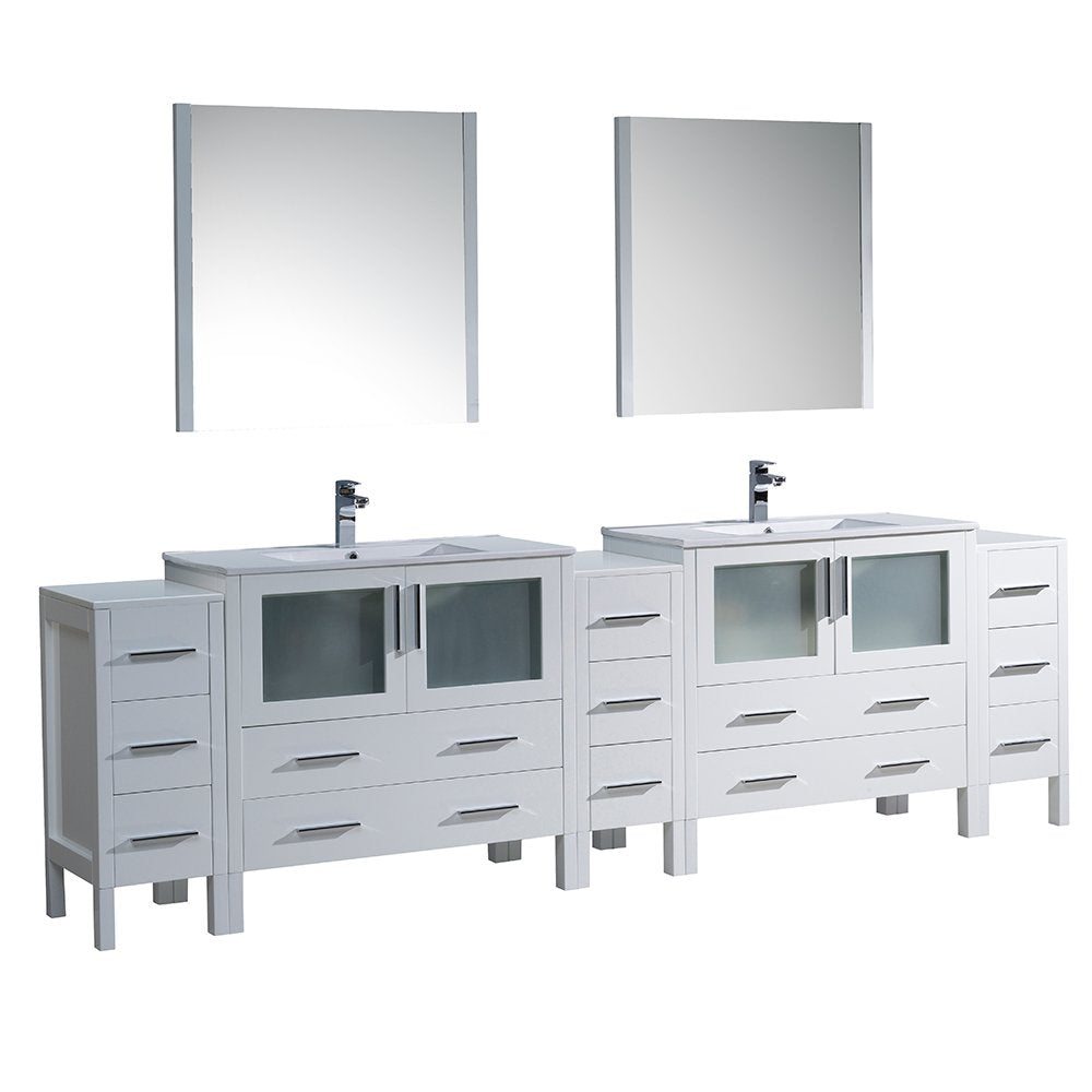 Fresca FVN62-108WH-UNS Fresca Torino 108" White Modern Double Sink Bathroom Vanity w/ 3 Side Cabinets & Integrated Sinks