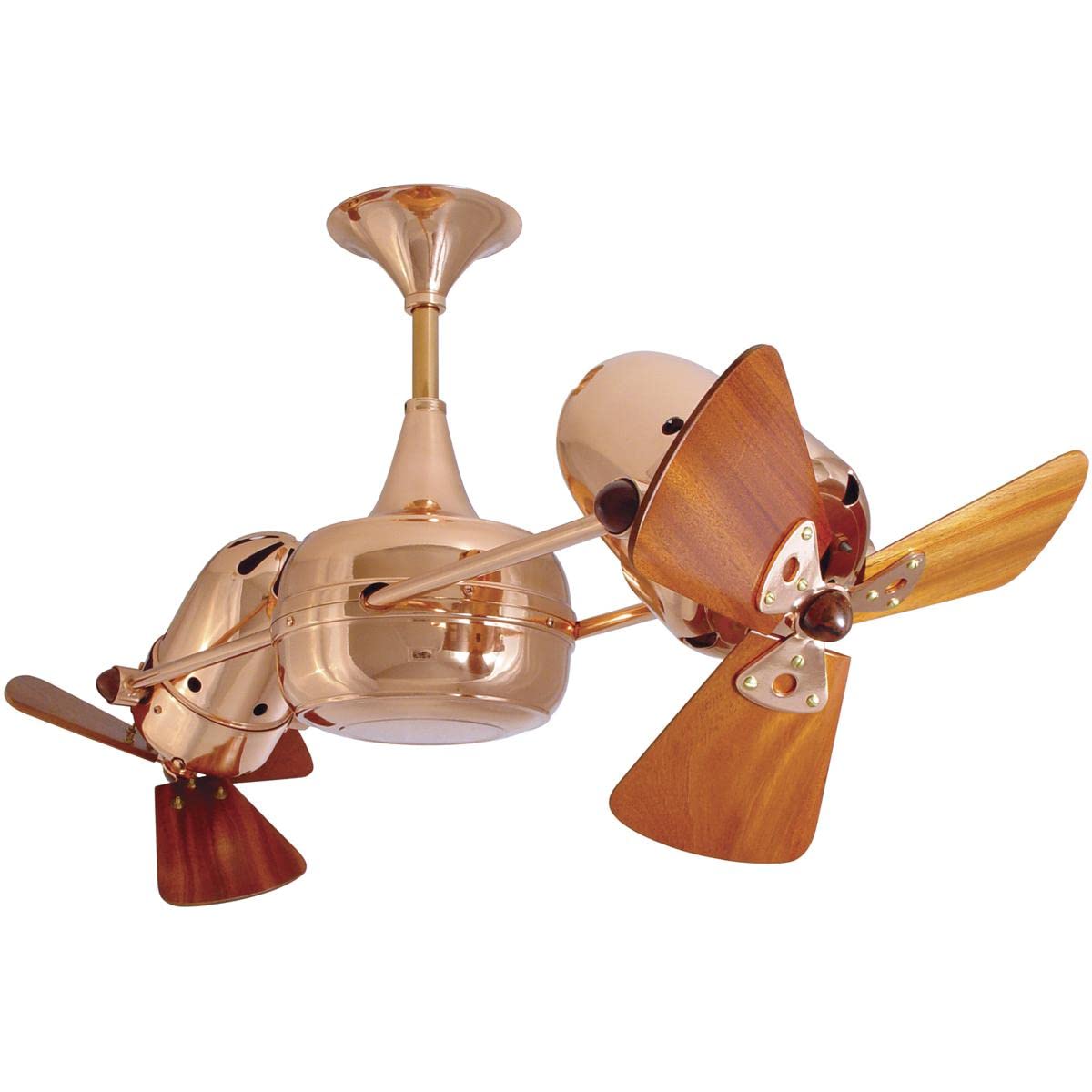 Matthews Fan DD-CP-WD Duplo Dinamico 360” rotational dual head ceiling fan in Polished Copper finish with solid sustainable mahogany wood blades.