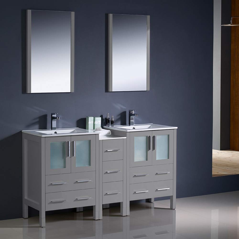 Fresca FVN62-241224GR-UNS Fresca Torino 60" Gray Modern Double Sink Bathroom Vanity w/ Side Cabinet & Integrated Sinks