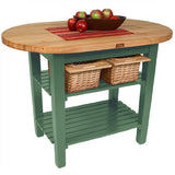 John Boos C-ELIP6030175-2S-BS C-Elip Country-Style Elliptical Butcher Block Table - 60"W, 30"D, Two Shelves, Basil Green Base