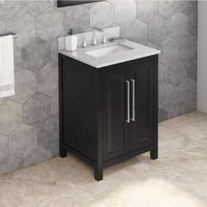 Jeffrey Alexander VKITCAD24BKWCR 24" Black Cade Vanity, White Carrara Marble Vanity Top, undermount rectangle bowl