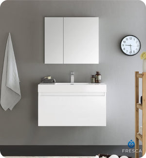 Fresca FVN8008WH Fresca Mezzo 36" White Wall Hung Modern Bathroom Vanity w/ Medicine Cabinet