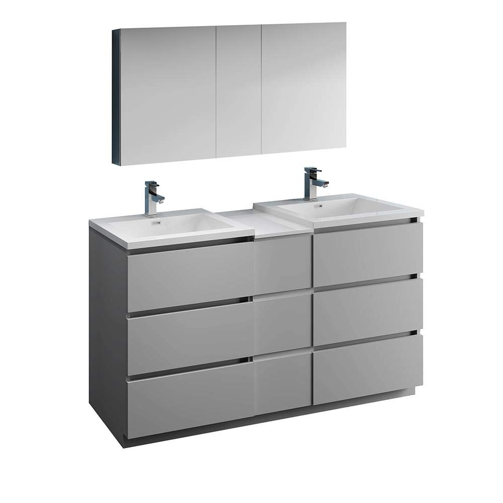 Fresca FVN93-241224GR-D Fresca Lazzaro 60" Gray Free Standing Double Sink Modern Bathroom Vanity w/ Medicine Cabinet
