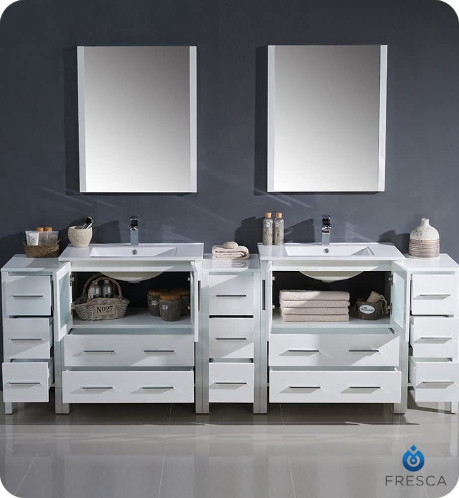 Fresca FVN62-96WH-UNS Fresca Torino 96" White Modern Double Sink Bathroom Vanity w/ 3 Side Cabinets & Integrated Sinks