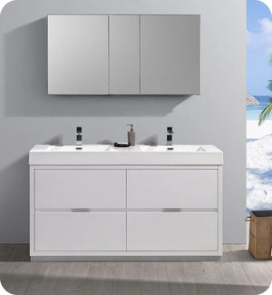Fresca FVN8460WH-D Fresca Valencia 60" Glossy White Free Standing Double Sink Modern Bathroom Vanity w/ Medicine Cabinet