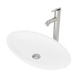 VIGO VGT1240 13.5" L -23.13" W -13.0" H Handmade Countertop Matte Stone Oval Vessel Bathroom Sink Set in Matte White Finish with Brushed Nickel Single-Handle Single Hole Faucet and Pop Up Drain