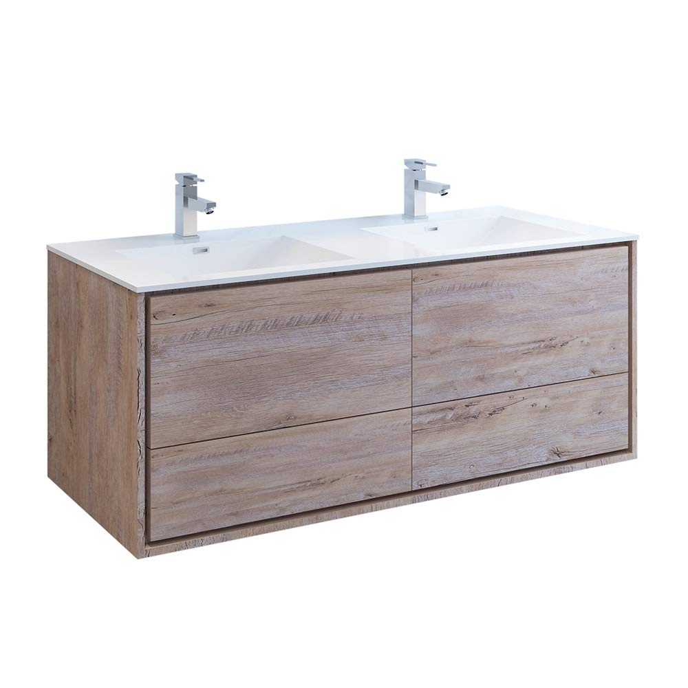 Fresca FCB9260RNW-D-I Fresca Catania 60" Rustic Natural Wood Wall Hung Modern Bathroom Cabinet w/ Integrated Double Sink