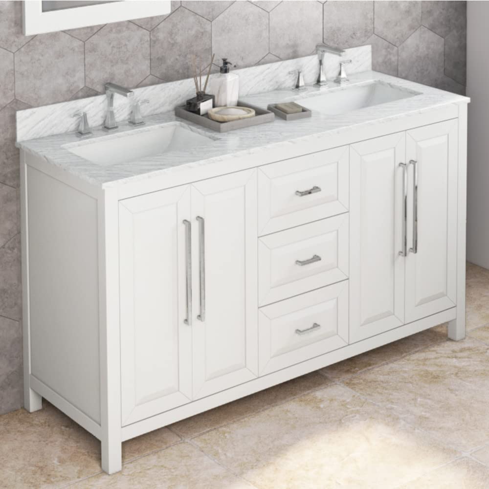 Jeffrey Alexander VKITCAD60WHWCR 60" White Cade Vanity, double bowl, White Carrara Marble Vanity Top, undermount rectangle bowl